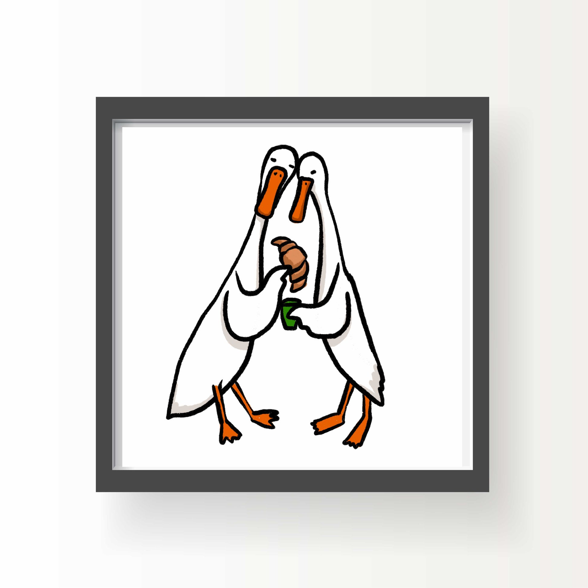 Illustrated ducks sharing a croissant, beak to beak, with one holding a green cup – sweet and quirky 8x8 art print by Miss Johnny Squirrel