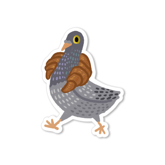 Illustrated sticker of a pigeon carrying two croissants around its neck, playful food-themed bird art.