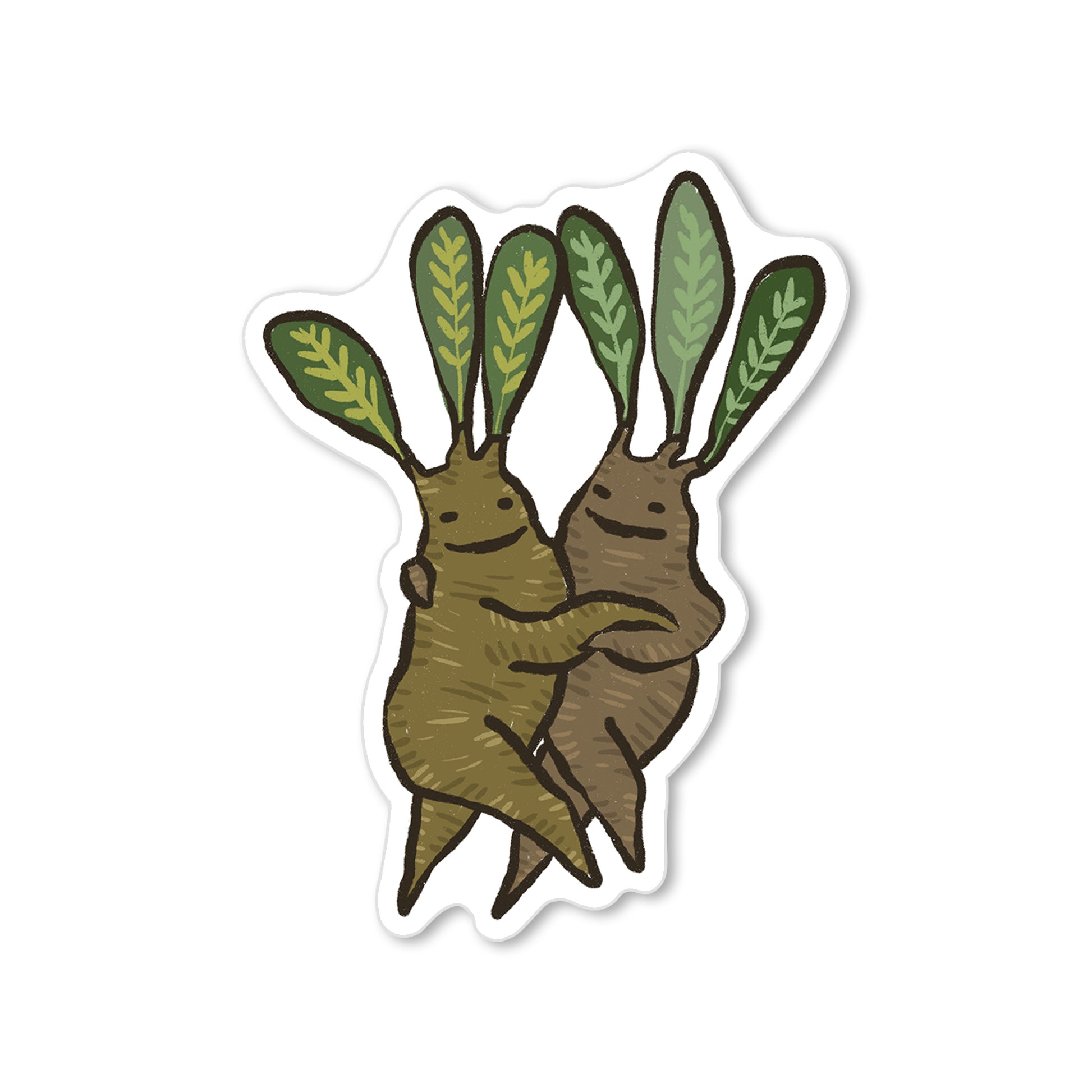 Sticker of two mandrakes dancing with leafy crowns, whimsical illustrated folklore art.