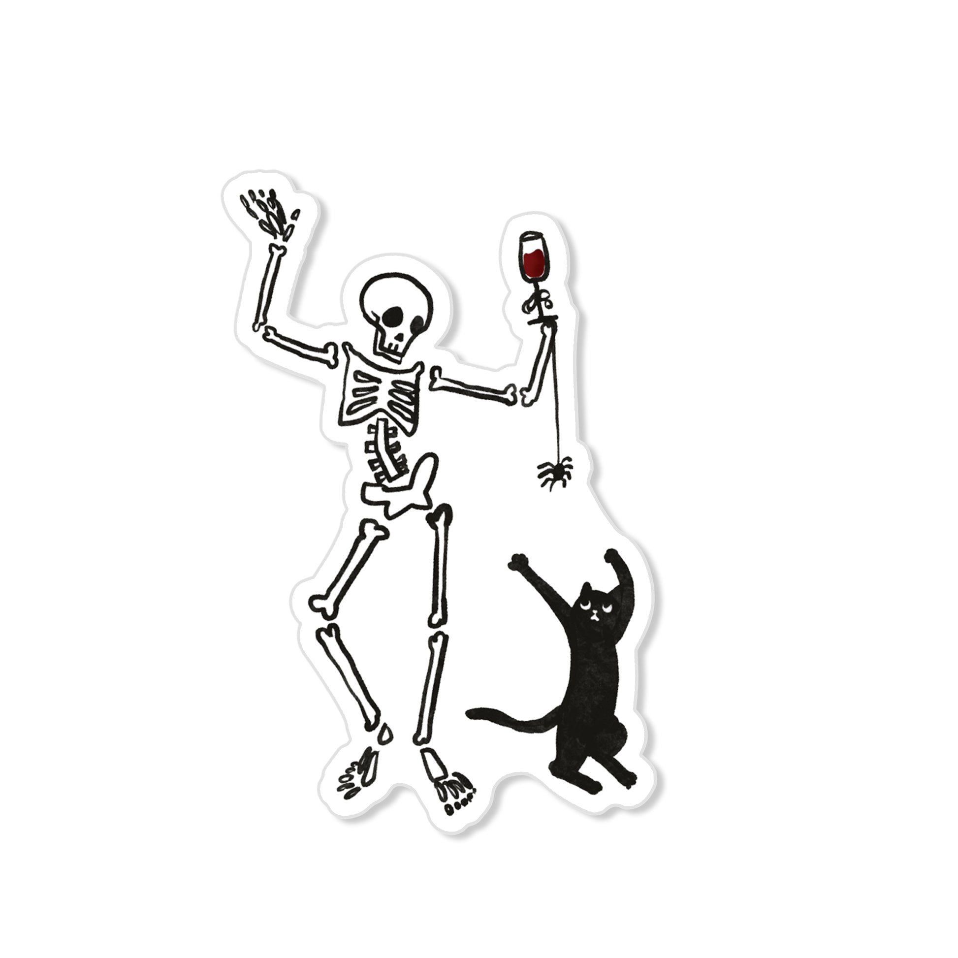 Dancing skeleton sticker with wine glass, black cat, and spider, humorous Halloween illustration