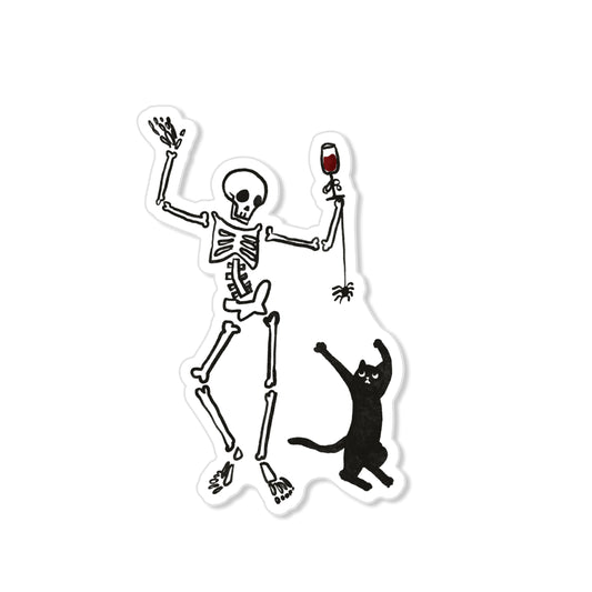 Dancing skeleton sticker with wine glass, black cat, and spider, humorous Halloween illustration