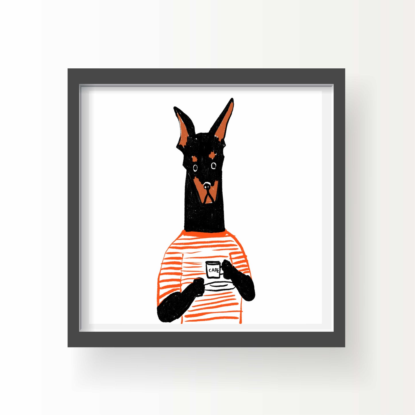 Illustrated Dobermann in an orange striped shirt holding a coffee cup labeled "café," 8x8 art print by Miss Johnny Squirrel