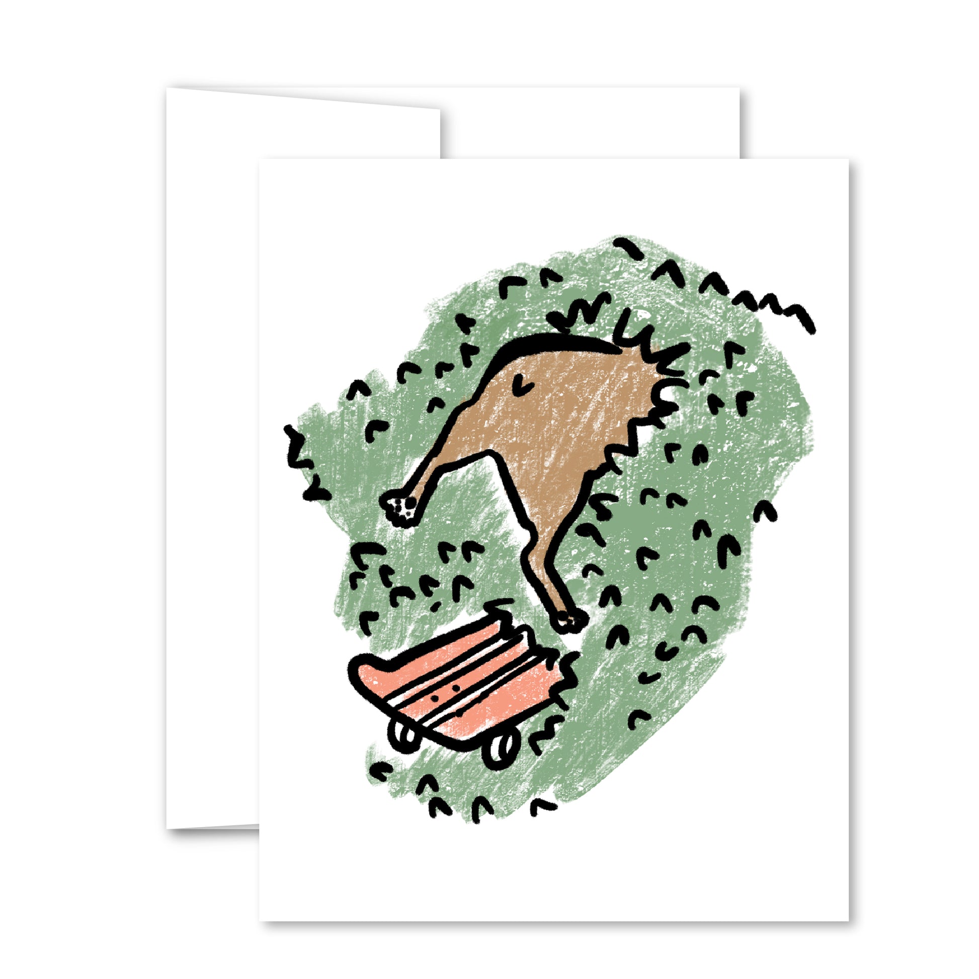 Playful crayon-style greeting card of a dog crashing into bushes with a skateboard nearby—funny and lighthearted.