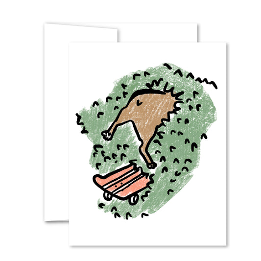 Playful crayon-style greeting card of a dog crashing into bushes with a skateboard nearby—funny and lighthearted.