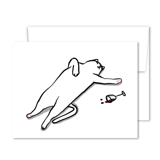 Illustration of a white cat lying on its back with a spilled wine glass, humorous greeting card design.