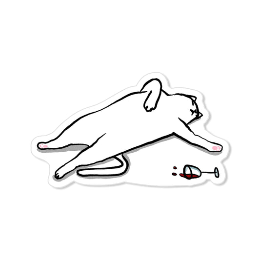 Drunk cat sticker with white cat lying flat and spilled wine glass, humorous hand-drawn illustration