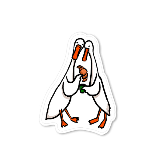 Hand-drawn duck friendship sticker with two white ducks sharing a croissant in a sweet, playful illustration.