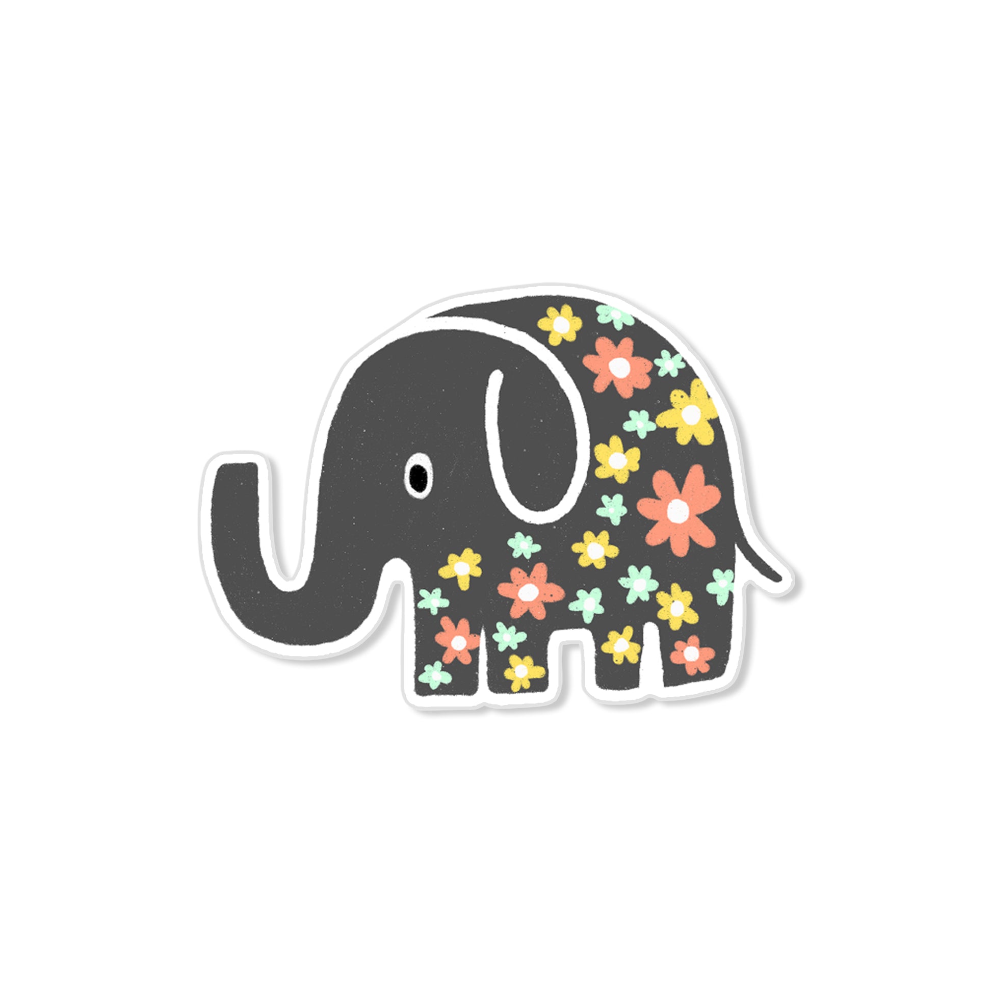 Flower elephant sticker, black elephant with colorful blossoms, hand-drawn animal illustration