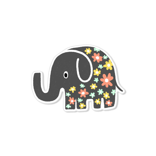 Flower elephant sticker, black elephant with colorful blossoms, hand-drawn animal illustration