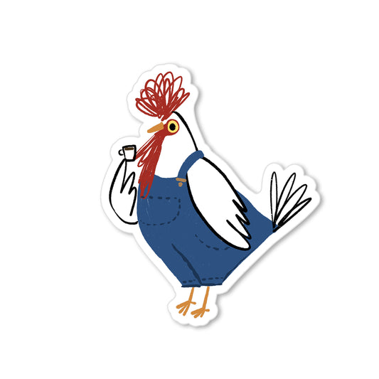 Sticker of a rooster in blue overalls holding an espresso cup, humorous illustrated farm animal art.