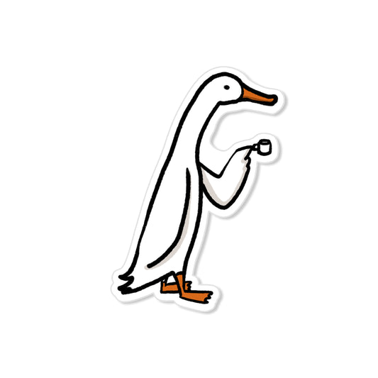 Espresso duck sticker with white duck holding tiny coffee cup, humorous hand-drawn bird illustration
