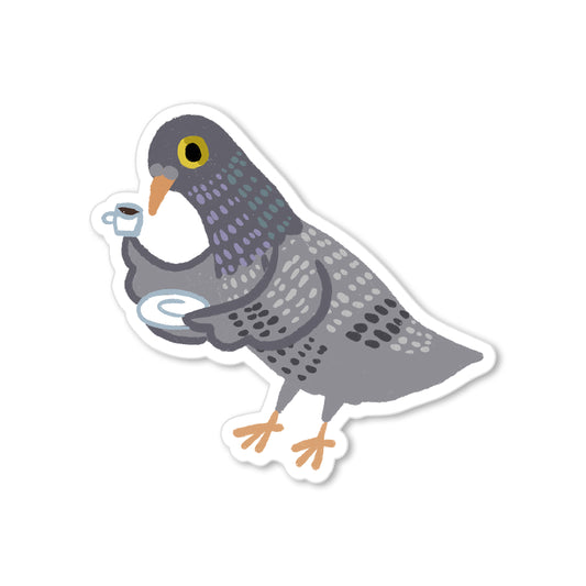 Illustrated sticker of a pigeon holding an espresso cup and saucer, playful and humorous coffee bird art.