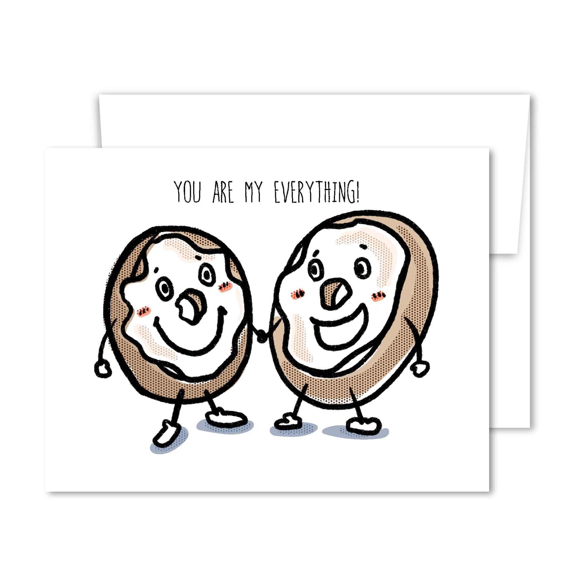 Whimsical bagel greeting card with “You Are My Everything” text and smiling illustrated bagels.