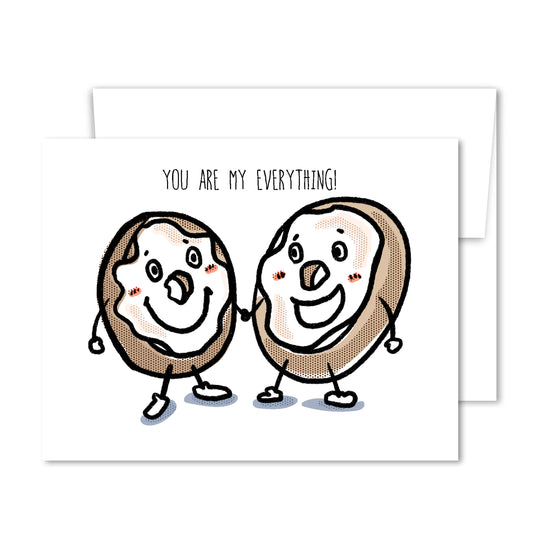 Whimsical bagel greeting card with “You Are My Everything” text and smiling illustrated bagels.
