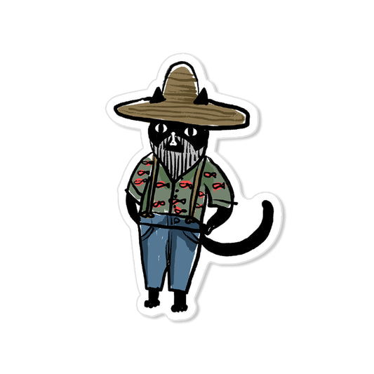 Farmer cat sticker with black cat in straw hat, suspenders, and patterned shirt, hand-drawn illustration