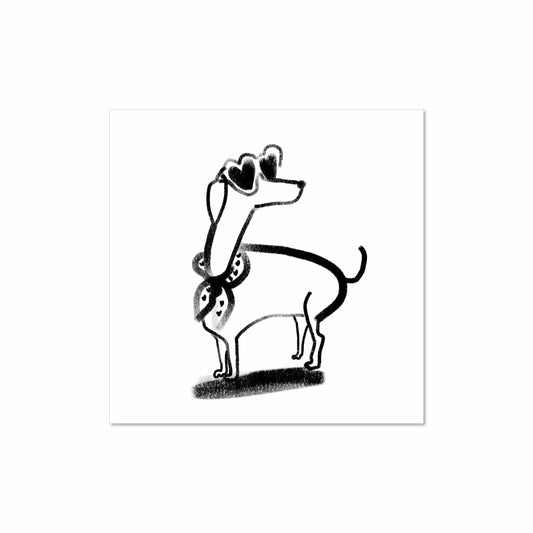 Black and white illustration of a small dog wearing heart-shaped sunglasses and scarf, drawn with loose lines and soft shading on a white background.