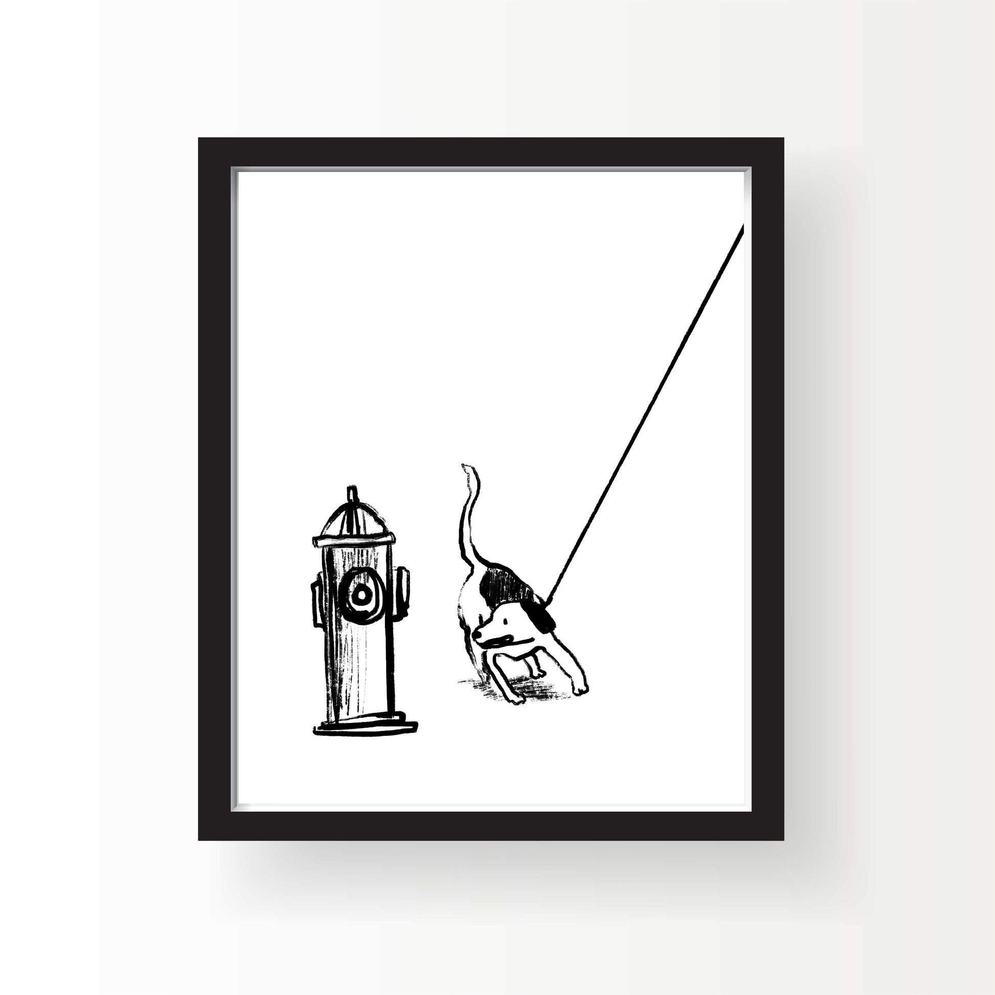 Black and white line drawing of a dog pulling on a leash toward a fire hydrant, 8x10 art print by Miss Johnny Squirrel