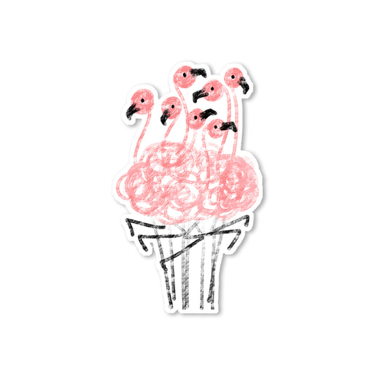 Sticker illustration of six flamingos in a tight flock, hand-drawn sketch style.