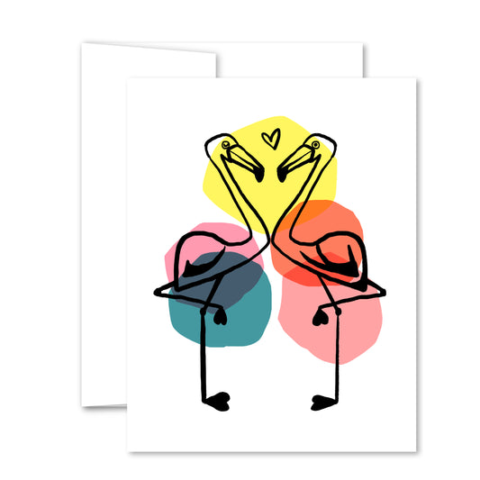 Minimal line art greeting card of two flamingos with colorful abstract shapes, forming a heart—perfect for love or anniversary.