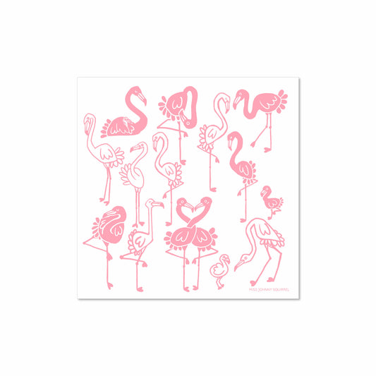 Whimsical pink flamingo illustration with a group of flamingos standing, sitting, and posing together – hand-drawn 8x8 art print by Miss Johnny Squirrel