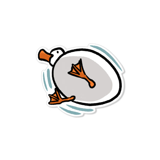 Floating duck sticker with round white body and orange feet paddling, hand-drawn funny bird illustration
