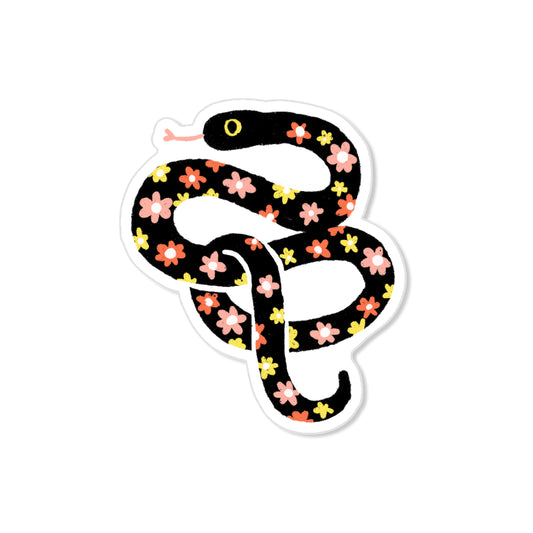 Whimsical flower snake sticker, black snake with colorful blossoms, hand-drawn illustration