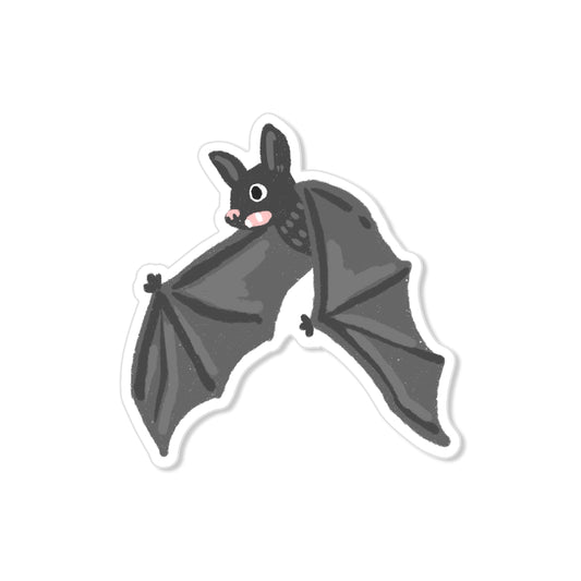 Flying bat sticker with wide wings and bright eyes, hand-drawn animal illustration