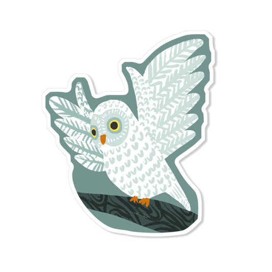 Flying owl sticker with wide patterned wings perched on branch, hand-drawn woodland bird illustration
