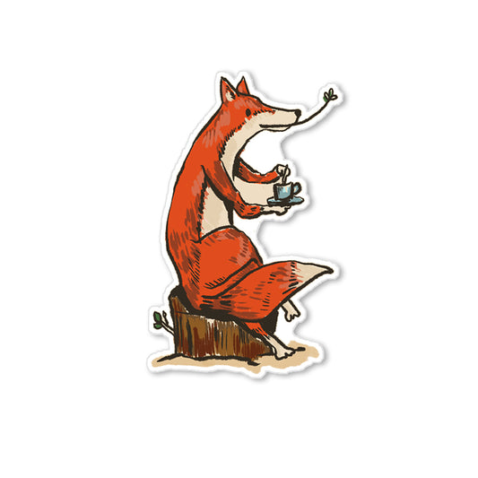Tea fox sticker with red fox sipping tea on tree stump, gentle woodland illustration