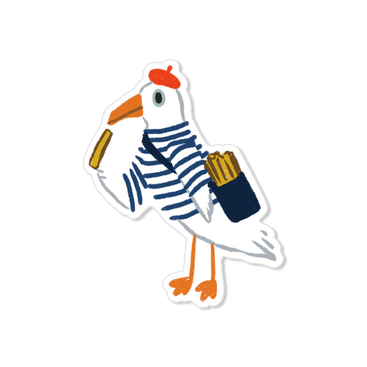 French fries seagull sticker with striped shirt, beret, and fries, hand-drawn humorous illustration