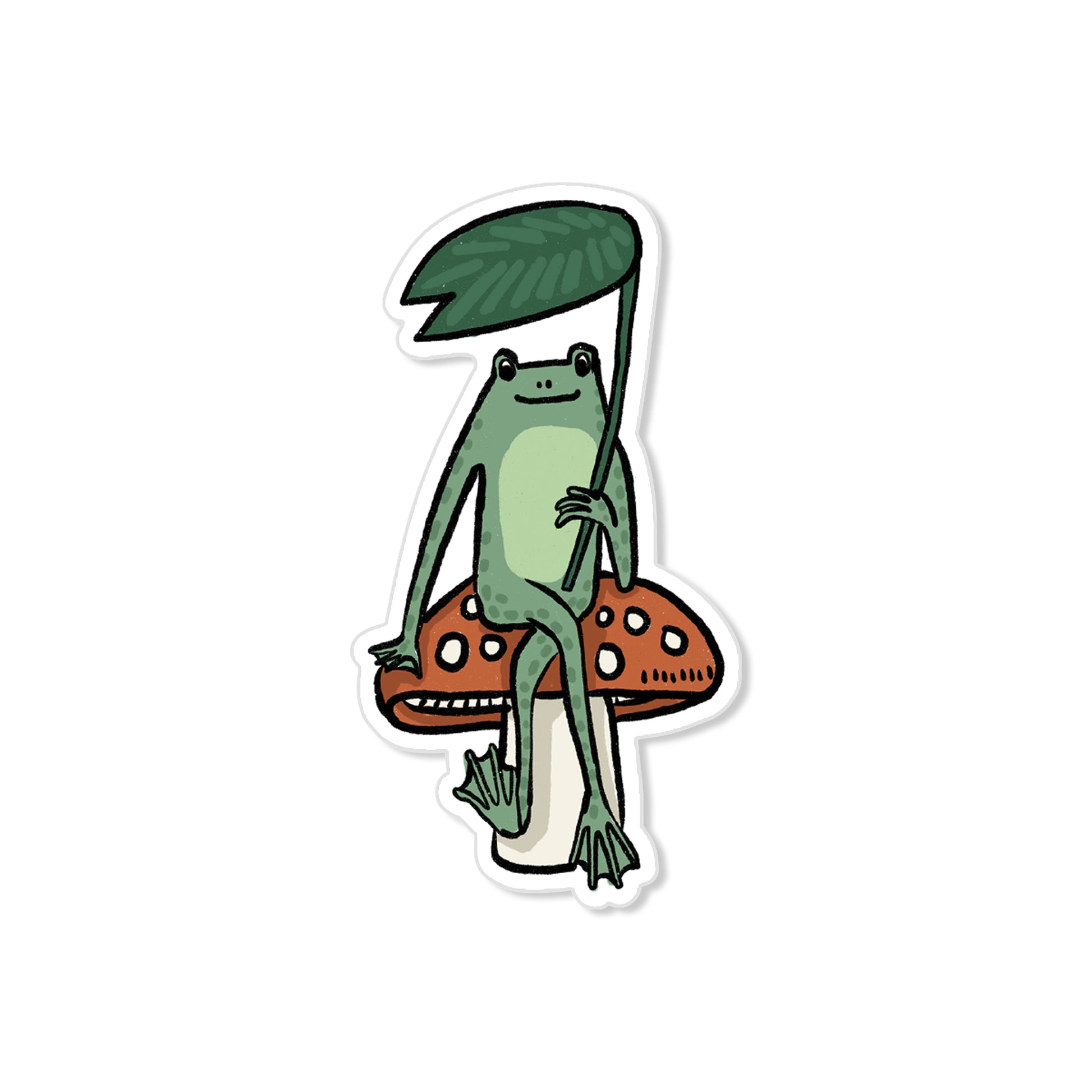 Whimsical frog sticker sitting on red toadstool holding leaf umbrella, hand-drawn illustration
