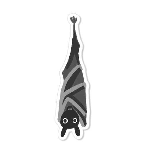 Fruit bat sticker hanging upside down with wings wrapped, hand-drawn illustration