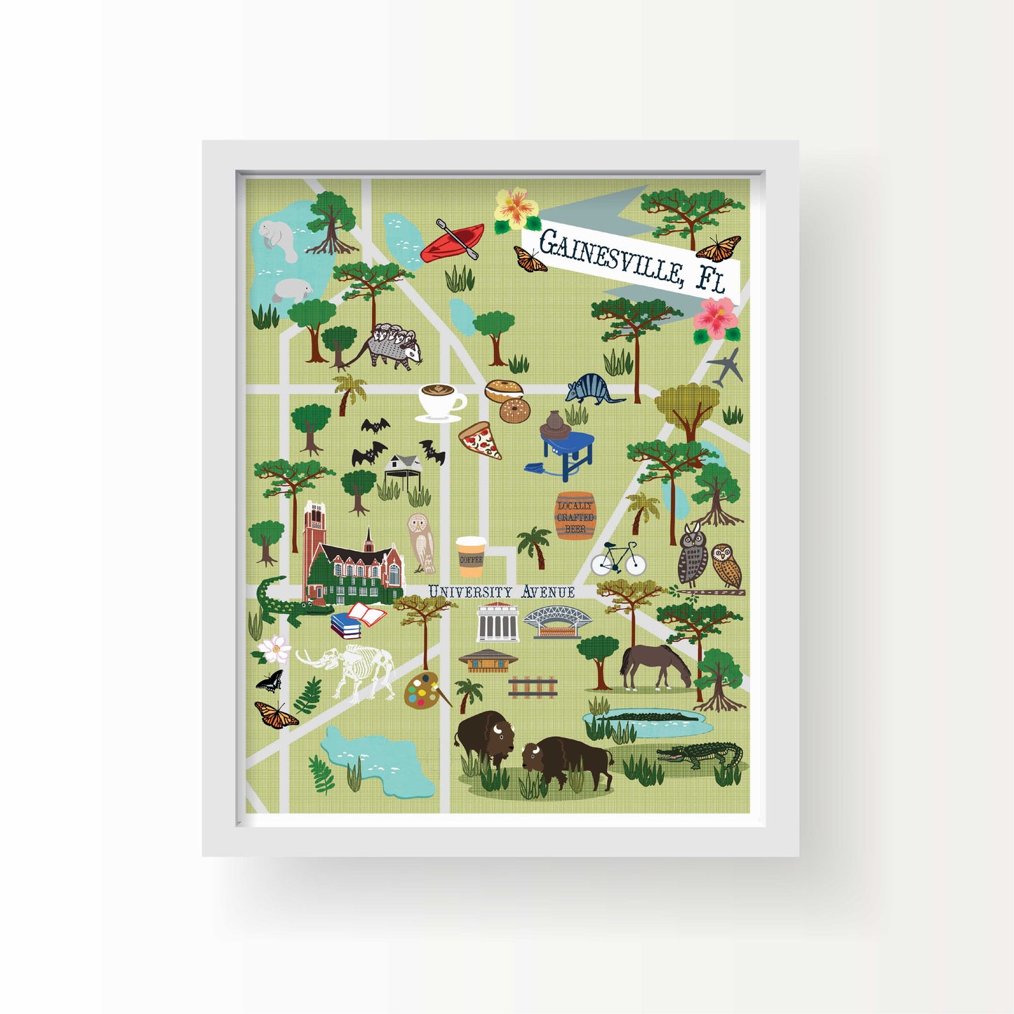Illustrated map of Gainesville, Florida featuring local icons, coffee, pizza, University Avenue, trees, and wildlife in a whimsical hand-drawn style.