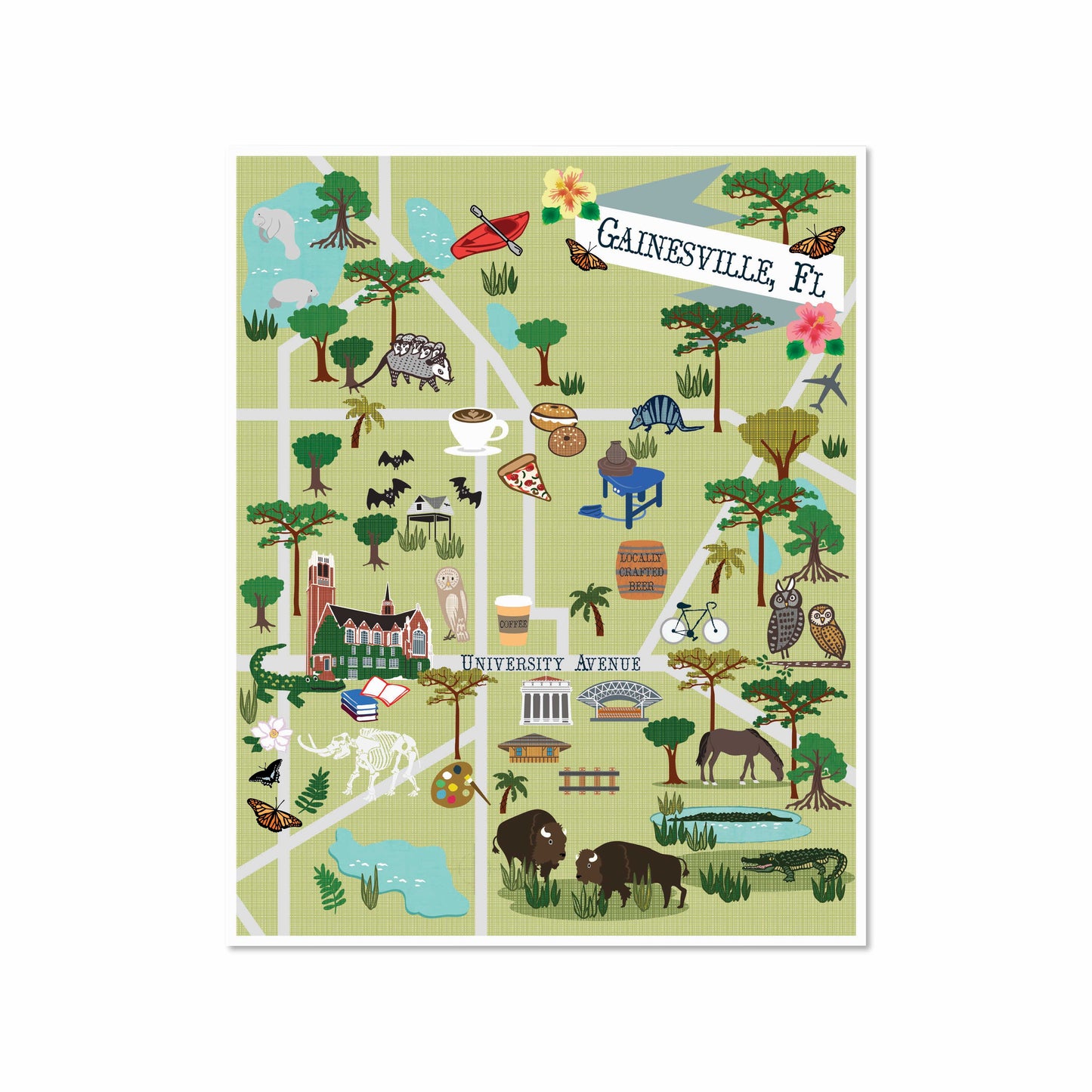 Illustrated map of Gainesville, Florida featuring local icons, coffee, pizza, University Avenue, trees, and wildlife in a whimsical hand-drawn style.