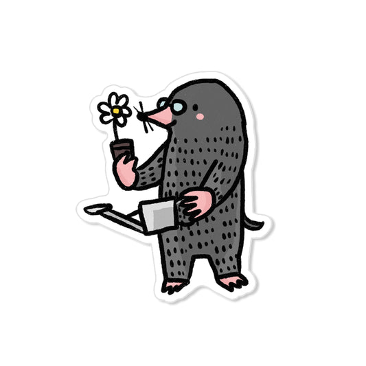 Whimsical mole sticker with glasses, flower pot, and watering can, hand-drawn illustration style