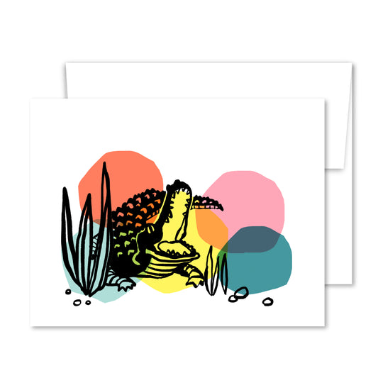 Illustrated alligator with mouth open, colorful abstract background, celebration greeting card