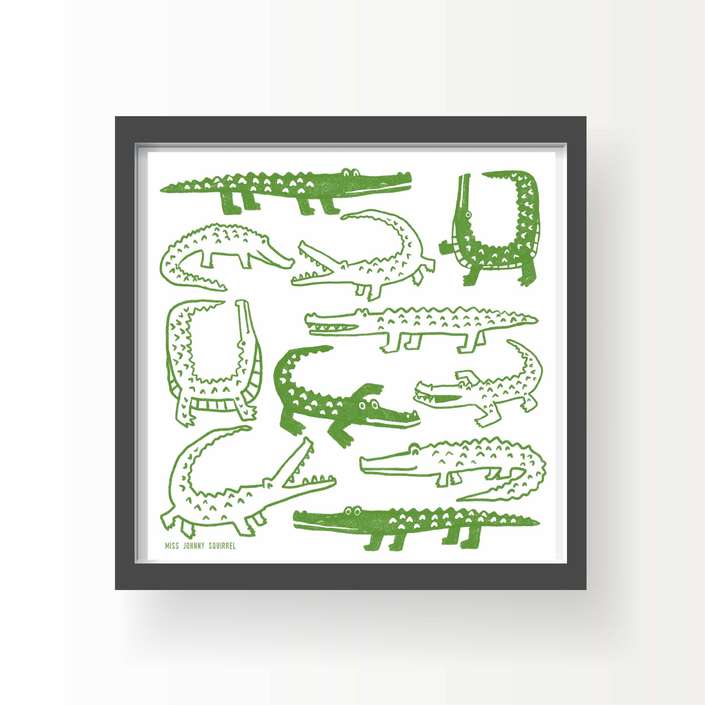 Illustration of playful green alligators in different poses, hand-drawn in a loose, sketchy style on a white background in an 8x8 format.