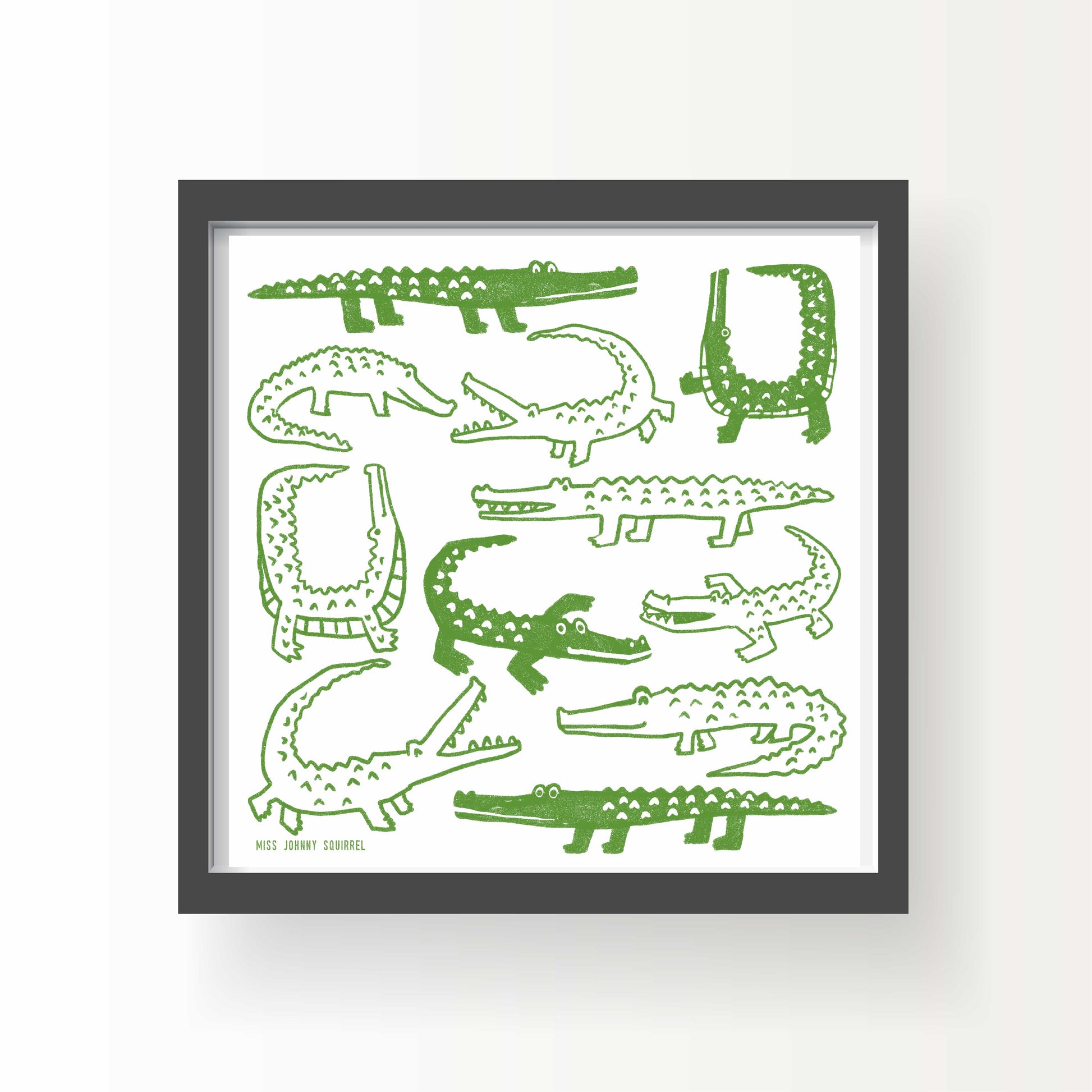 Illustration of playful green alligators in different poses, hand-drawn in a loose, sketchy style on a white background in an 8x8 format.