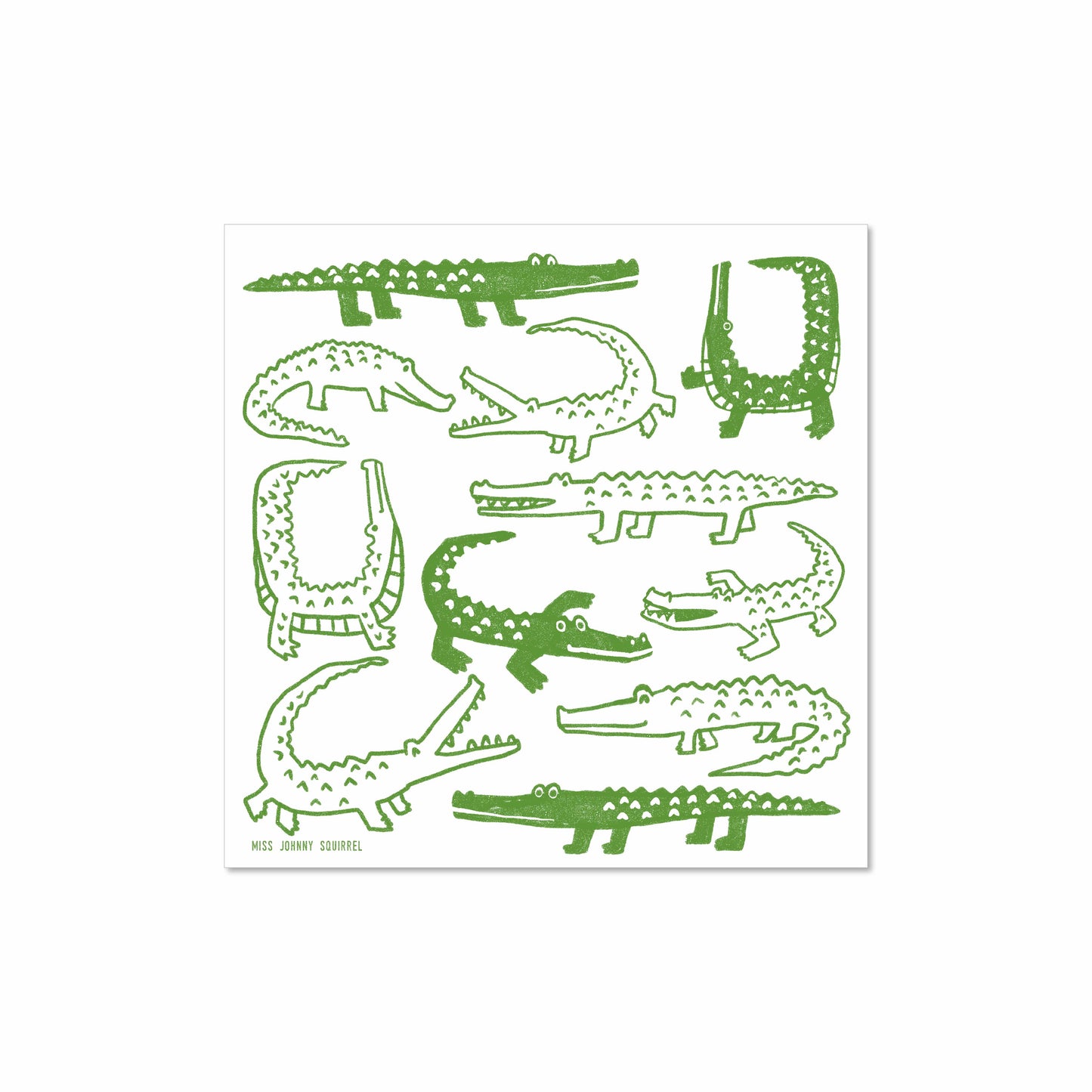 Illustration of playful green alligators in different poses, hand-drawn in a loose, sketchy style on a white background in an 8x8 format.