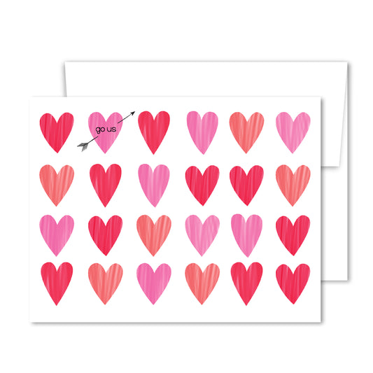 Rows of pink, coral, and red hearts with one marked “go us” by an arrow, romantic love greeting card illustration.