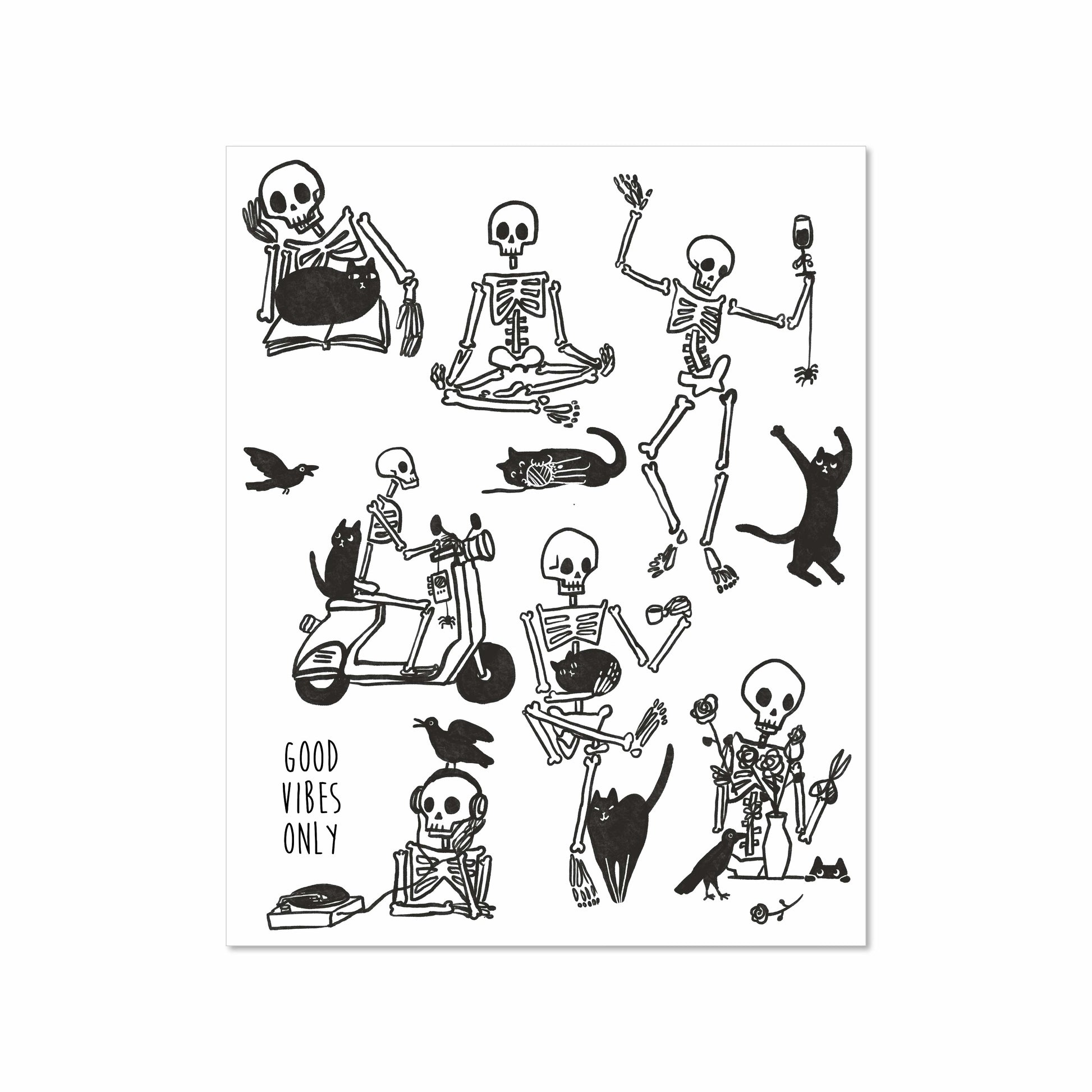 Black and white illustrated art print of skeletons and black cats doing playful activities with caption "Good Vibes Only", 8x10 by Miss Johnny Squirrel
