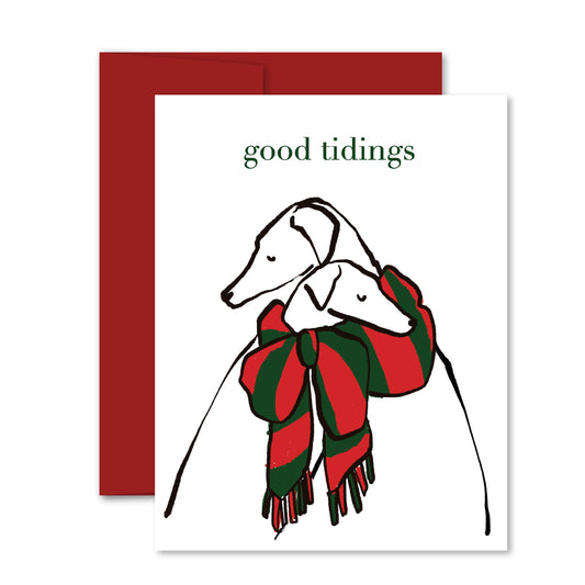 Illustrated Christmas greeting card with two greyhounds in a red and green striped scarf, minimalist style