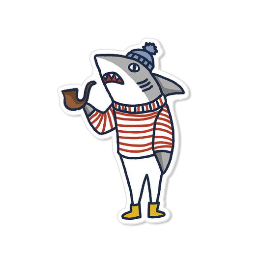 Illustrated shark sticker wearing striped sweater, knit hat, and boots with pipe, whimsical hand-drawn style