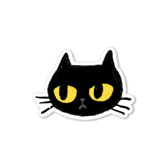 Grumpy cat sticker with black cat face and yellow eyes, hand-drawn humorous illustration