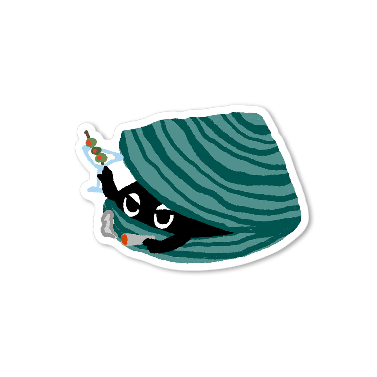 Hand-drawn clam lounging inside a teal striped shell with a martini and cigarette in a playful cocktail illustration.
