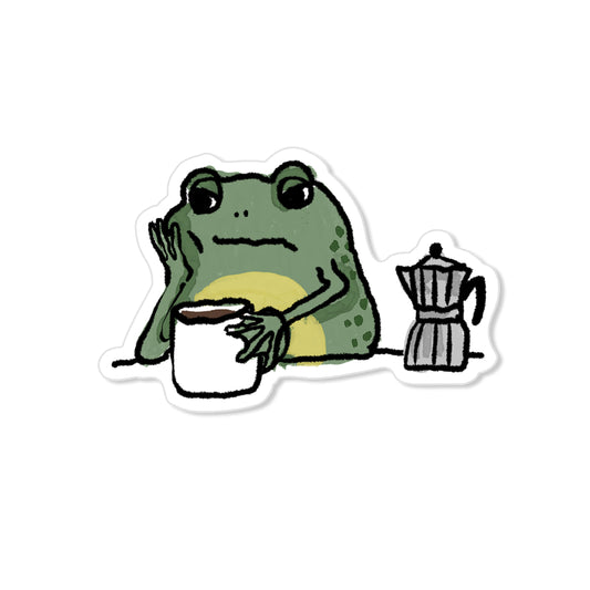 Grumpy frog coffee sticker with mug and moka pot, hand-drawn tired frog illustration