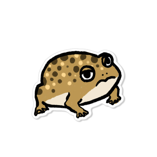 Grumpy frog sticker, brown spotted toad with sulky face, hand-drawn illustration