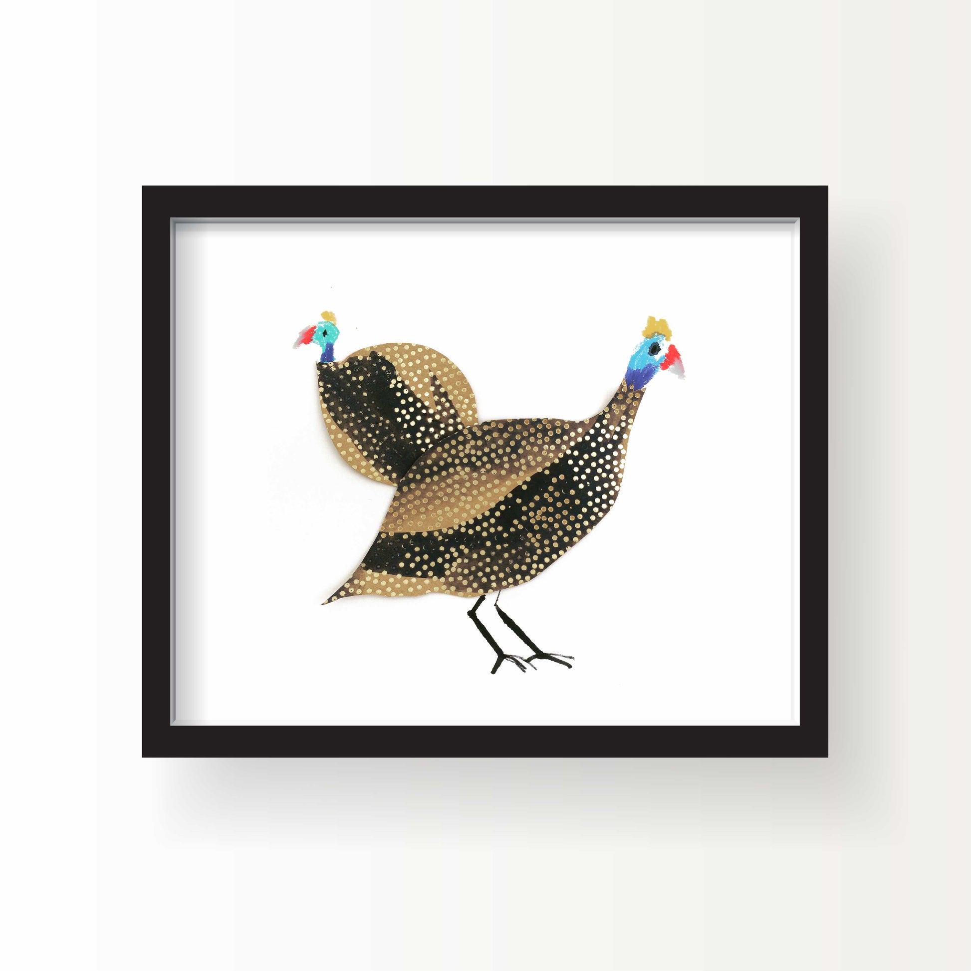Illustration of two guinea fowl with golden brown and black spotted feathers, red and blue heads, and delicate crests, walking on a white background.