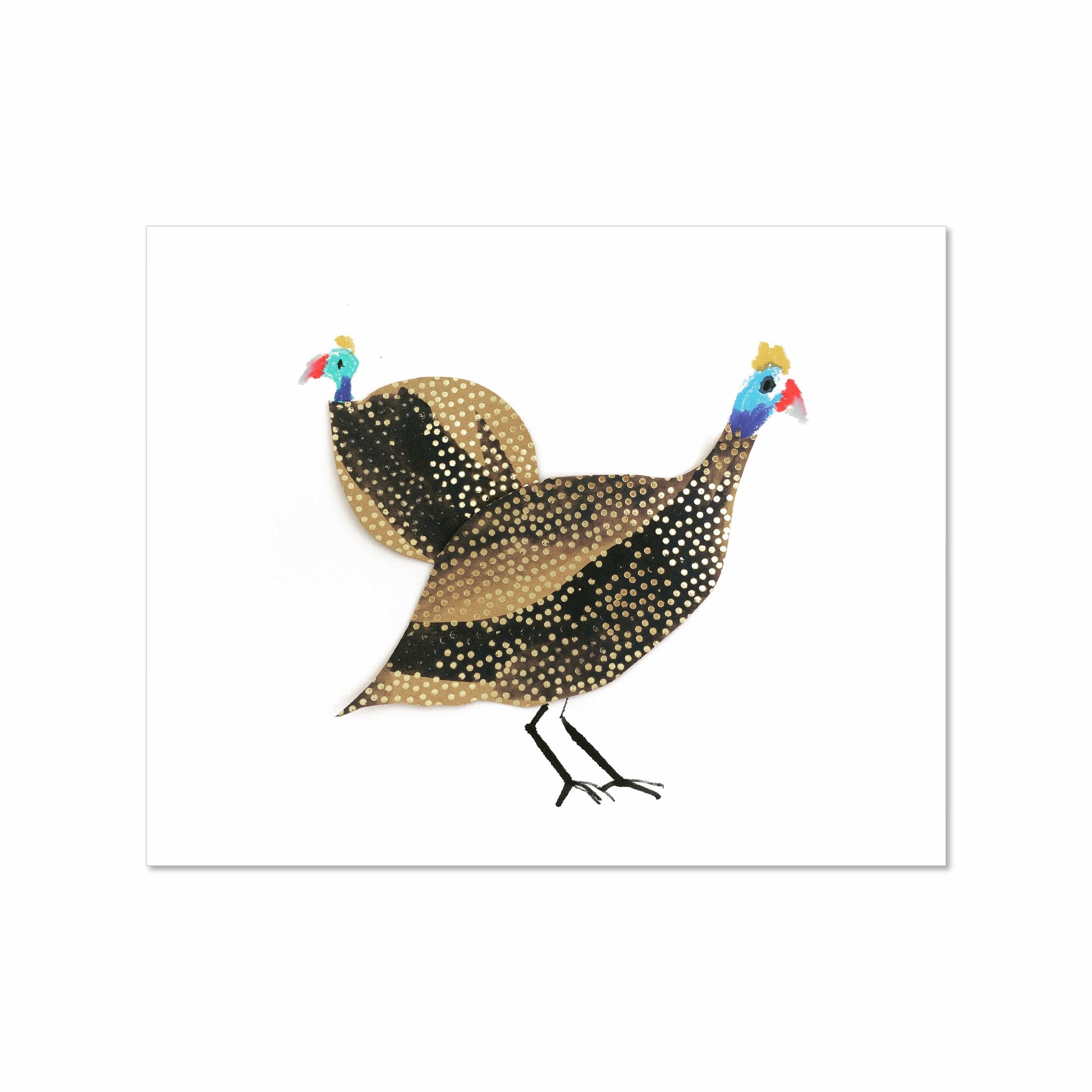 Illustration of two guinea fowl with golden brown and black spotted feathers, red and blue heads, and delicate crests, walking on a white background.