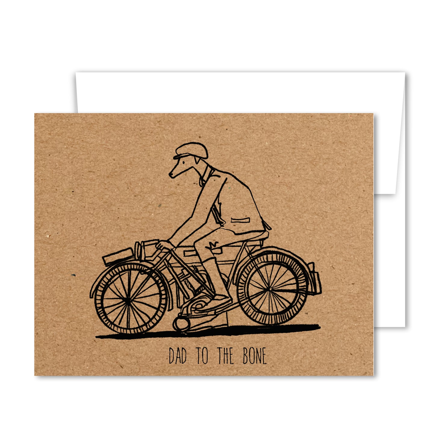 Hand-drawn dog dad Father’s Day card with a whimsical line illustration of a dog riding a bicycle and the words “Dad to the Bone.”